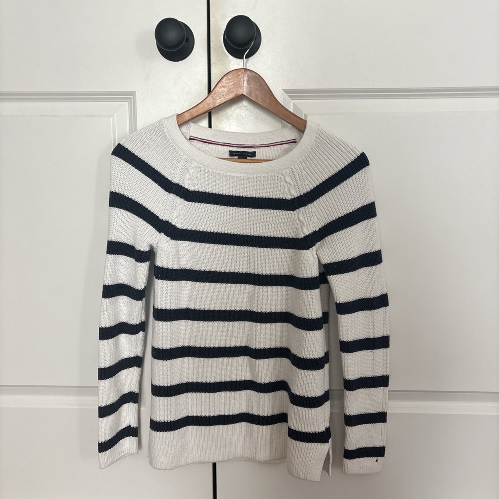Tommy Hilfiger Navy and White Striped Crew Neck